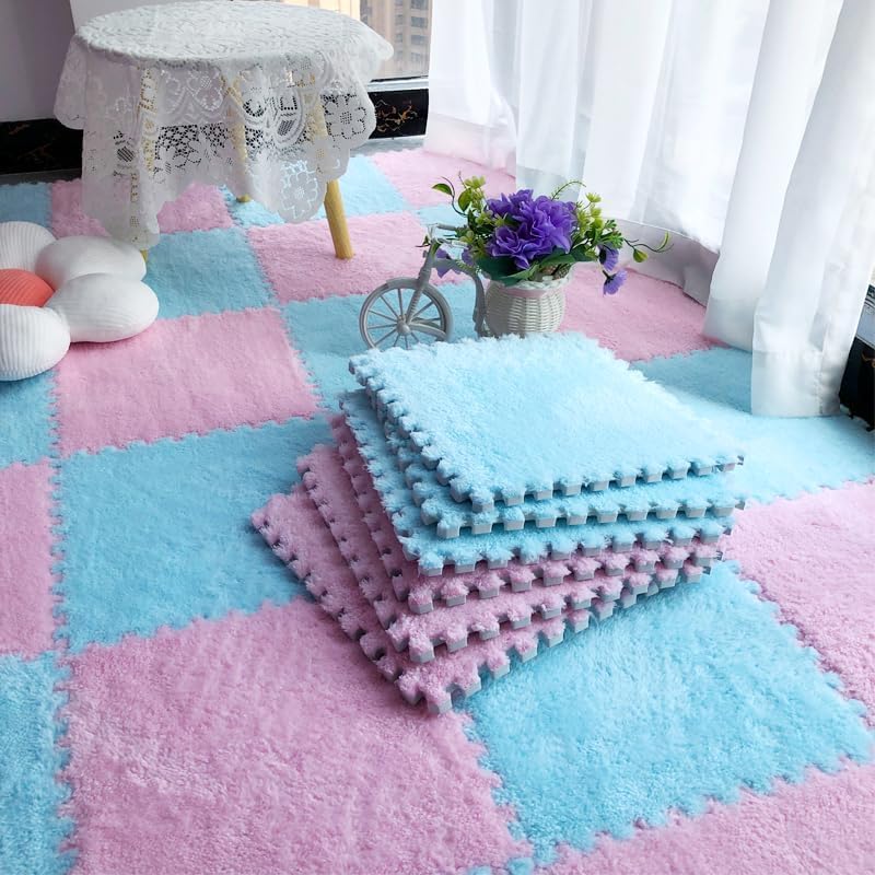 Jorunb 12pc Plush Interlocking EVA Foam Play Mat - Washable Kids Carpet Squares (30x30cm, Blue) - Image 3