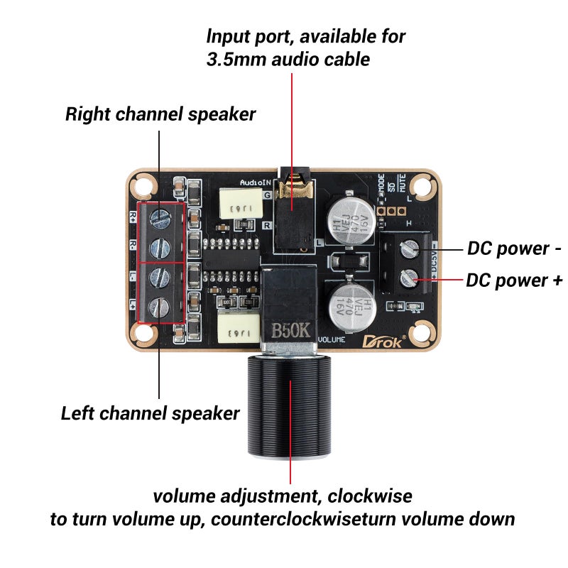 DROK 5W+5W Mini Audio Amplifier Board PAM8406 DC 5V Digital Stereo Power Amp 2.0 Dual Channel Class D Amplify Module for Speaker Sound System DIY - Image 2