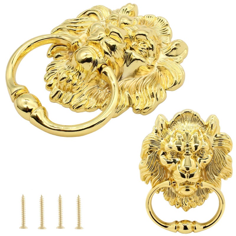 Cionyce 1 Pack Zinc Alloy Door Knocker Lion Shape Dooer Knock Antique Brass Door Knocker Lion Head Ring Pulls for Drawer Dresser Cupboard