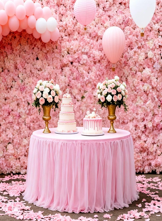 Yoquare 60-Inch Pink 2-in-1 Tulle Table Skirt for 5-Foot Round Table – Stretch Spandex Fitted Cover, Light & Elegant with Ruffle, Wrinkle-Resistant – For Wedding, Birthday, Baby Shower & Party Decor（1Pack） - Image 4