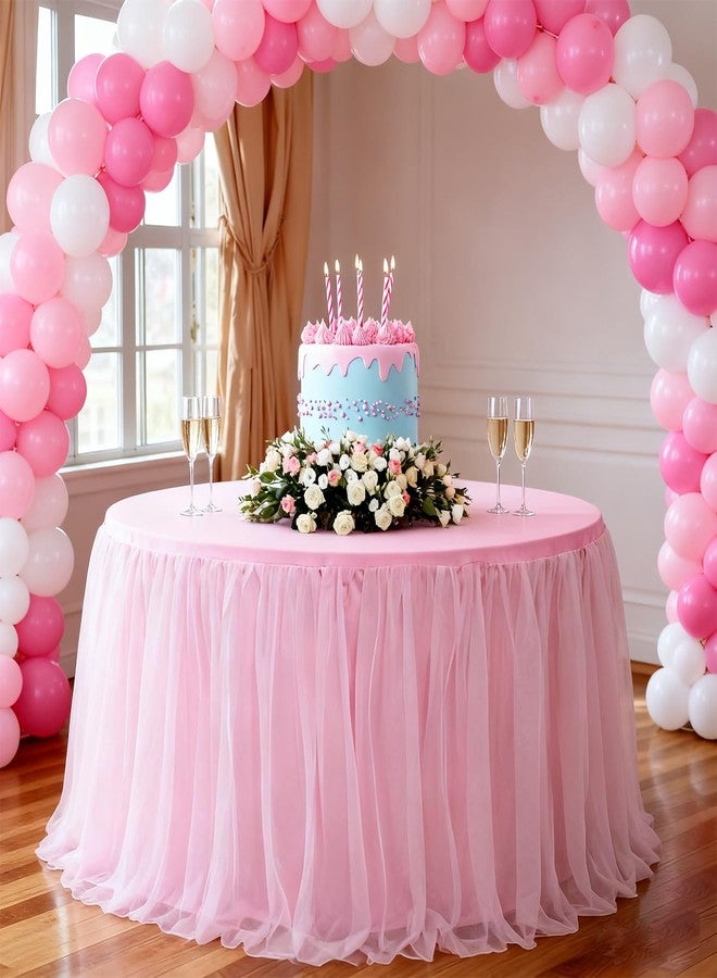 Yoquare 60-Inch Pink 2-in-1 Tulle Table Skirt for 5-Foot Round Table – Stretch Spandex Fitted Cover, Light & Elegant with Ruffle, Wrinkle-Resistant – For Wedding, Birthday, Baby Shower & Party Decor（1Pack） - Image 1