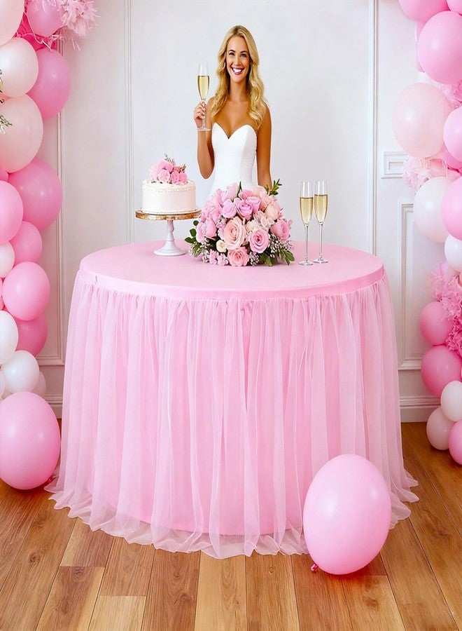 Yoquare 60-Inch Pink 2-in-1 Tulle Table Skirt for 5-Foot Round Table – Stretch Spandex Fitted Cover, Light & Elegant with Ruffle, Wrinkle-Resistant – For Wedding, Birthday, Baby Shower & Party Decor（1Pack） - Image 5