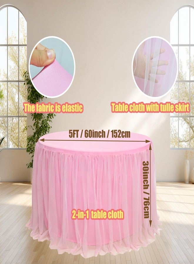 Yoquare 60-Inch Pink 2-in-1 Tulle Table Skirt for 5-Foot Round Table – Stretch Spandex Fitted Cover, Light & Elegant with Ruffle, Wrinkle-Resistant – For Wedding, Birthday, Baby Shower & Party Decor（1Pack） - Image 2