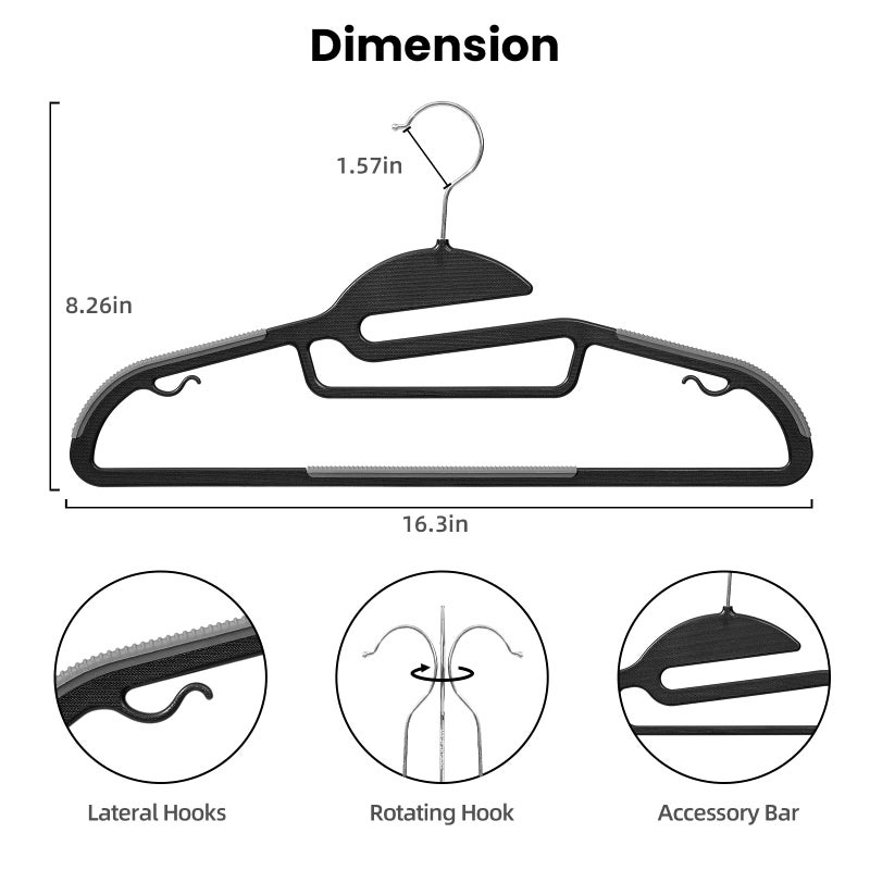 BAGAIL Heavy Duty Plastic Hangers 50 Pack with Non-Slip Design,0.2 Inches Thick,360Â°Swivel Hook Space Saving Organizer for Bedroom Closet,Shirts,Pants,Strong Enough for Coat(Black- S Shaped) - Image 2
