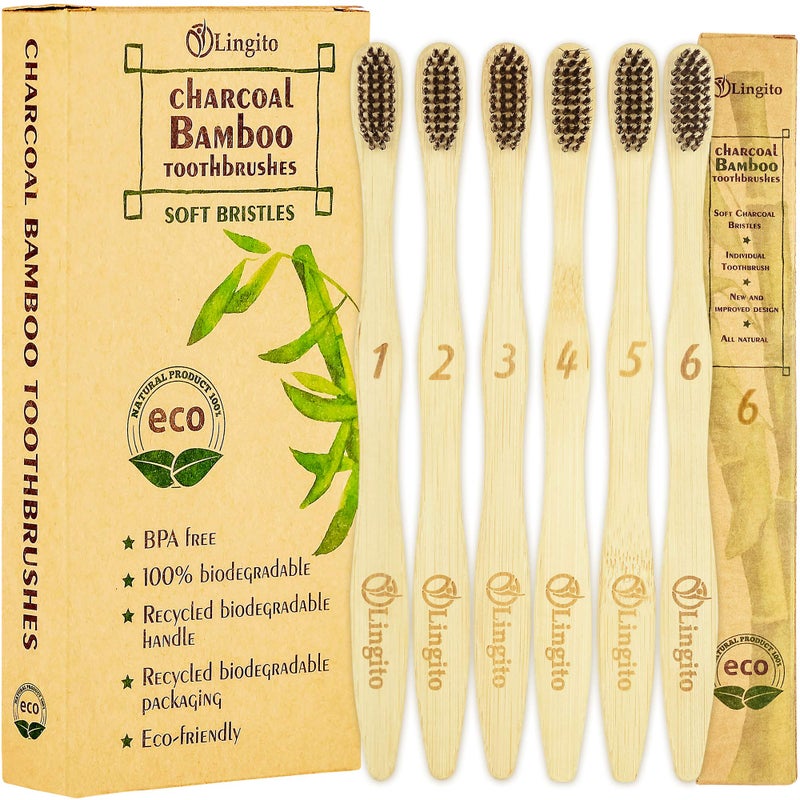 Lingito 6Pack Natural Charcoal Bamboo Toothbrushes BPA Free Soft Bristles Compostable Eco Friendly Natural Organic Vegan Toothbrush Pack Individually Packaged Numbered Active Brushes