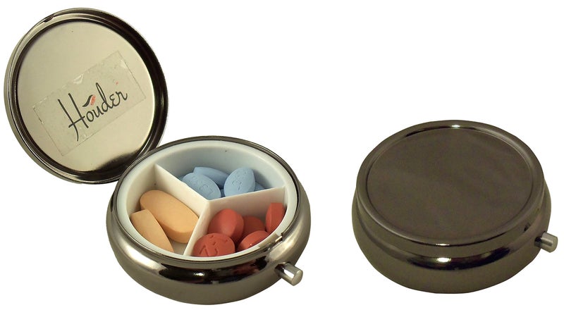 Houder Classy Gray Metal Pill Box Decorative Pill Case with Gift Box - Carry Your Meds in Style (Round) - Image 4