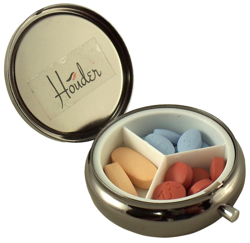 Houder Classy Gray Metal Pill Box Decorative Pill Case with Gift Box - Carry Your Meds in Style (Round) - Image 3