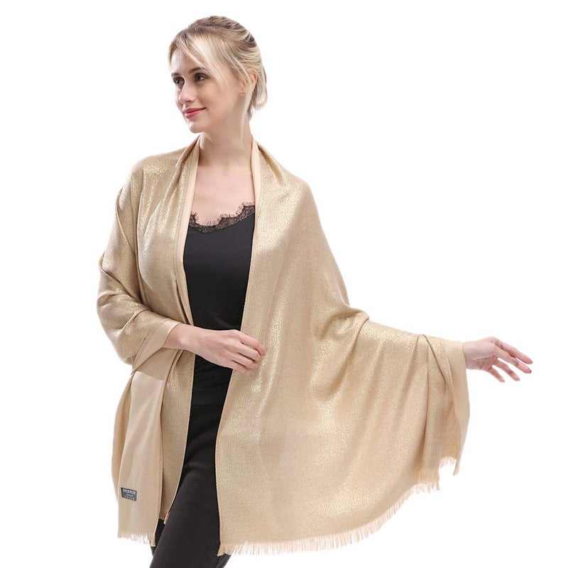 LMVERNA Women's Sparkling Glitter Pashmina Scarf Shimmer Reversible Shawls and Wraps Scarf for Women(Gold) - Image 1