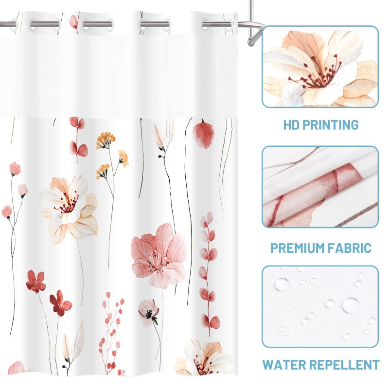 WITHLOC No Hook Shower Curtain with Snap in Liner - Floral Shower Curtain - Fabric Waterproof Inner Liner, Plants Watercolor Coral Modern Cloth Shower Curtains - Machine Washable, 71 x 74 - Image 4