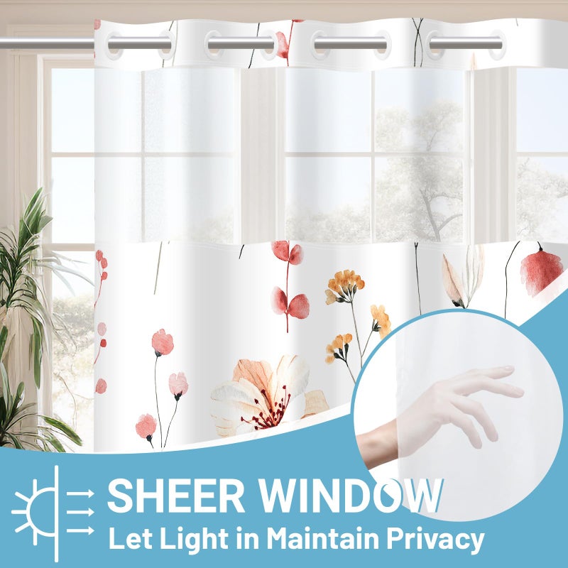 WITHLOC No Hook Shower Curtain with Snap in Liner - Floral Shower Curtain - Fabric Waterproof Inner Liner, Plants Watercolor Coral Modern Cloth Shower Curtains - Machine Washable, 71 x 74 - Image 2