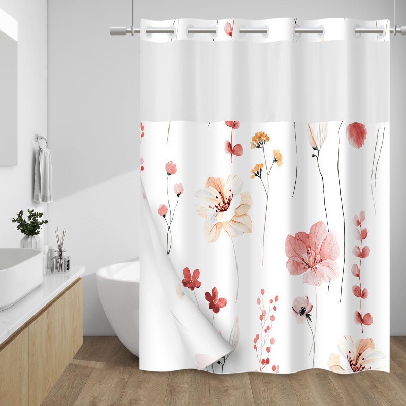 WITHLOC No Hook Shower Curtain with Snap in Liner - Floral Shower Curtain - Fabric Waterproof Inner Liner, Plants Watercolor Coral Modern Cloth Shower Curtains - Machine Washable, 71 x 74 - Image 1