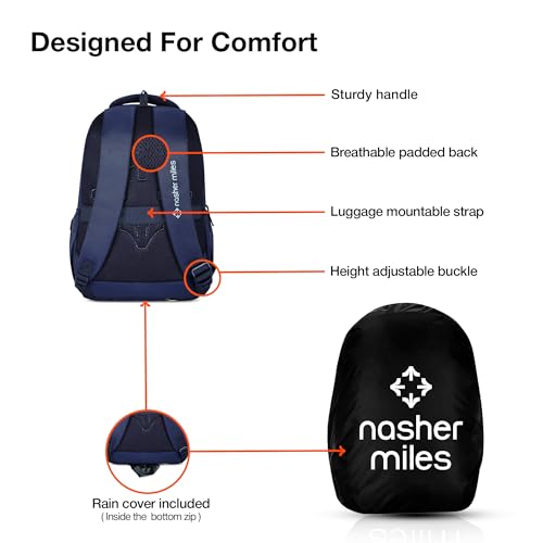 Nasher Miles History 3 Compartment Laptop Backpack 31 Liters Polyester with Raincover| Front Organiser Ideal for College, School Bags for Boys & Girls (Navy Blue) - Image 4