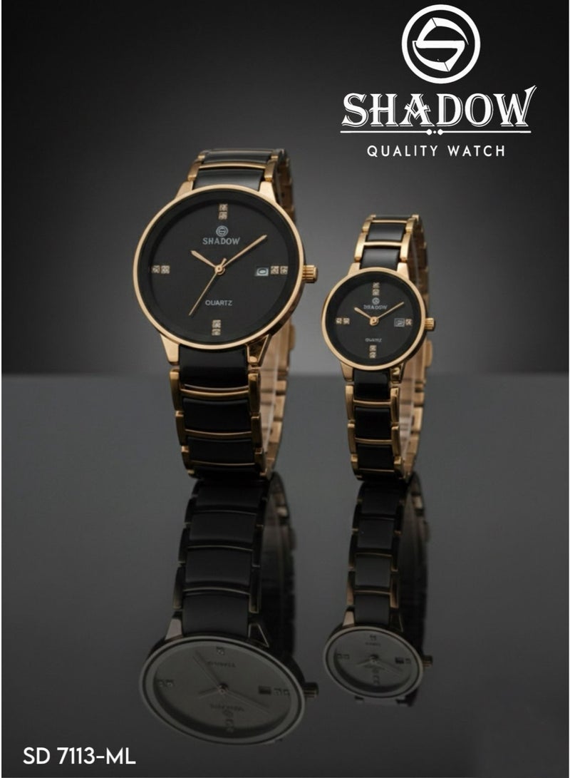 SHADOW Luxury Couple Watch Set - Premium Stainless Steel Matching His and Hers Quartz Wristwatches with Date Display & Crystal Indices
