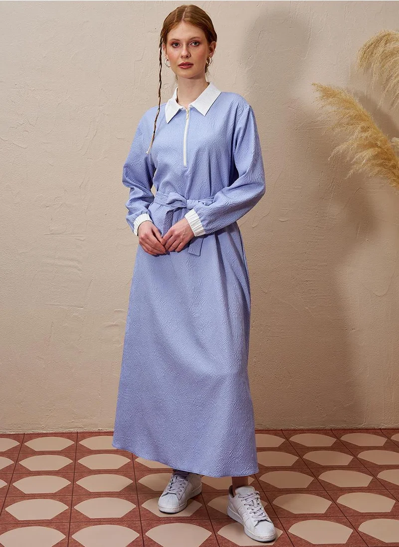 Kayra Half Zipper Closure Embossed Dress Aviator Blue