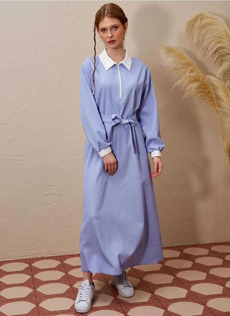 Kayra Half Zipper Closure Embossed Dress Aviator Blue