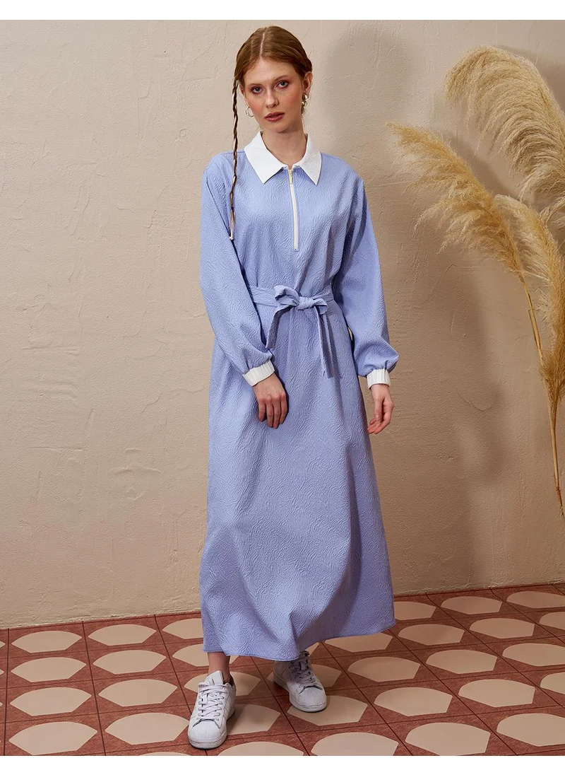 Kayra Half Zipper Closure Embossed Dress Aviator Blue