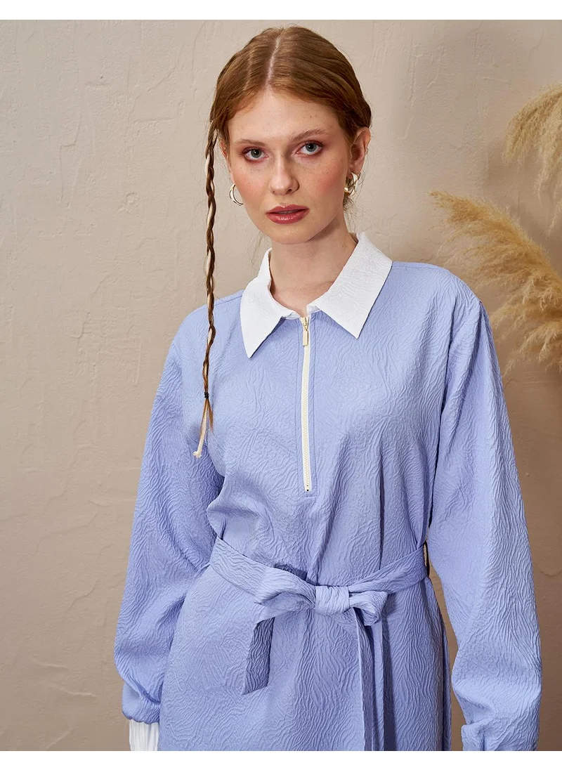 Kayra Half Zipper Closure Embossed Dress Aviator Blue