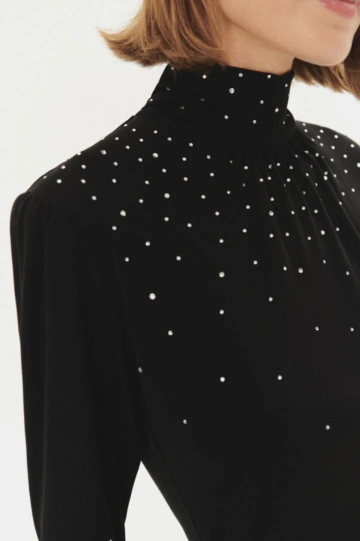 EXQUISE High Neck Embellished Lycra Slim Fit Black Knitted Blouse