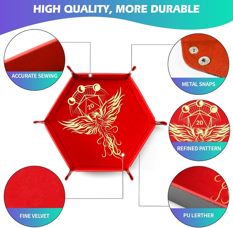 Grajar 2 Pcs Portable Folding Dice Rolling Tray Set for RPG DND Table Games - PU Leather and Velvet Holder Storage Box - Dragon and Phoenix - Image 2