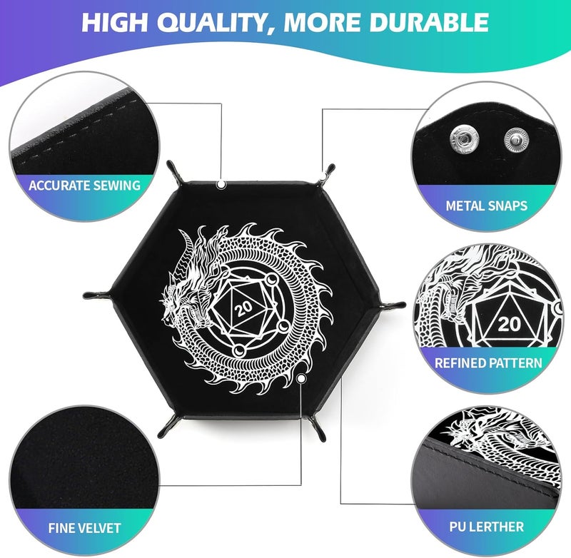 Grajar 2 Pcs Portable Folding Dice Rolling Tray Set for RPG DND Table Games - PU Leather and Velvet Holder Storage Box - Dragon and Phoenix - Image 3