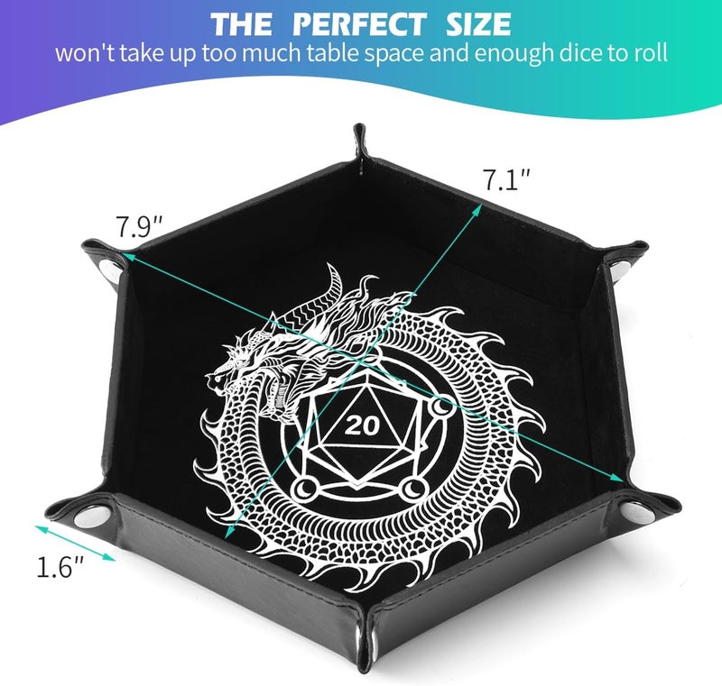 Grajar 2 Pcs Portable Folding Dice Rolling Tray Set for RPG DND Table Games - PU Leather and Velvet Holder Storage Box - Dragon and Phoenix - Image 4