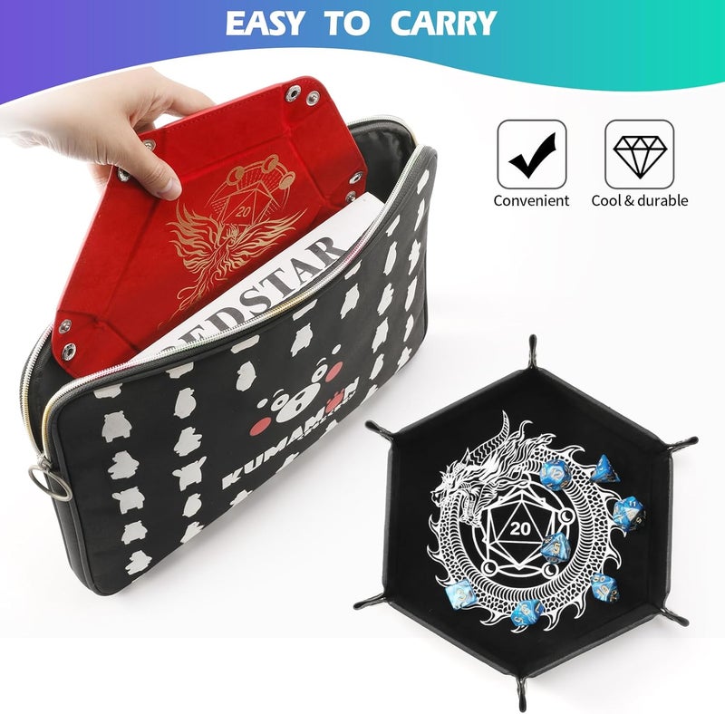 Grajar 2 Pcs Portable Folding Dice Rolling Tray Set for RPG DND Table Games - PU Leather and Velvet Holder Storage Box - Dragon and Phoenix - Image 5