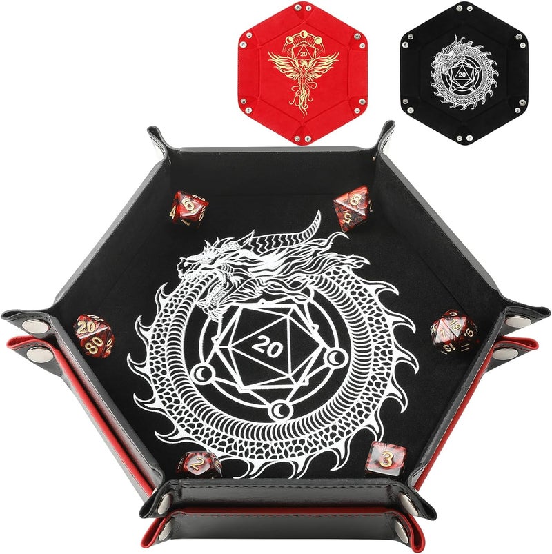 Grajar 2 Pcs Portable Folding Dice Rolling Tray Set for RPG DND Table Games - PU Leather and Velvet Holder Storage Box - Dragon and Phoenix - Image 1