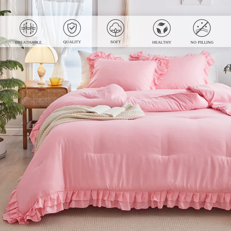 Flysheep Pink Ruffled Comforter Set Twin Size, 3 Pieces (1 Ruffled Comforter and 2 Pillowcases) Farmhouse Shabby Chic Style with 2 Layers Ruffle, Solid Color Lightweight Soft Fluffy Bedding Sets for Girls - Image 3