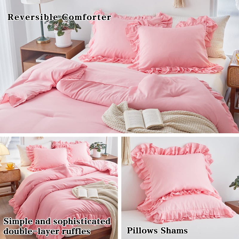 Flysheep Pink Ruffled Comforter Set Twin Size, 3 Pieces (1 Ruffled Comforter and 2 Pillowcases) Farmhouse Shabby Chic Style with 2 Layers Ruffle, Solid Color Lightweight Soft Fluffy Bedding Sets for Girls - Image 5