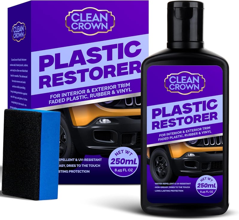 CleanCrown Plastic Restorer for Cars (8.45 fl oz), User Friendly Car Trim Restorer, Quick Plastic Trim Restorer with Free Sponge Applicator, Restores Faded Car Plastics, Bumpers & Against UV Rays - Image 1