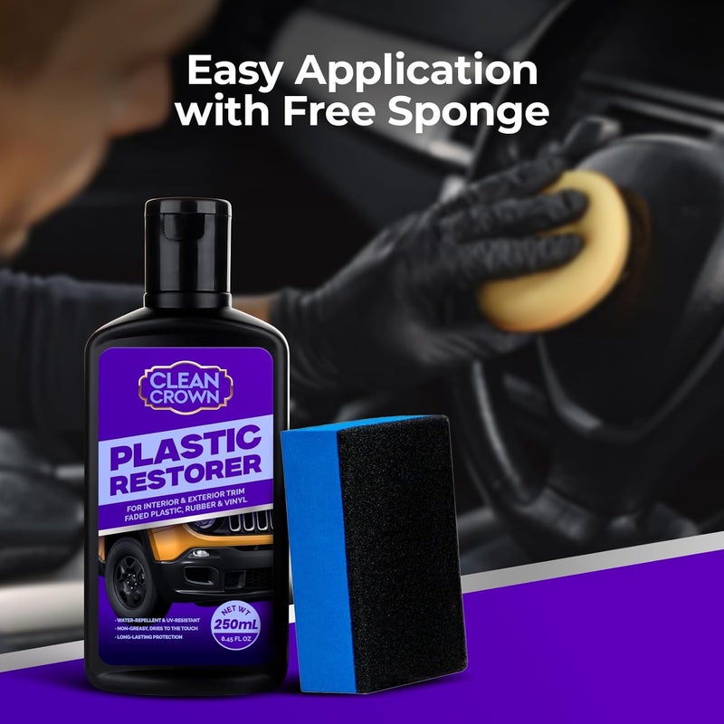 CleanCrown Plastic Restorer for Cars (8.45 fl oz), User Friendly Car Trim Restorer, Quick Plastic Trim Restorer with Free Sponge Applicator, Restores Faded Car Plastics, Bumpers & Against UV Rays - Image 3