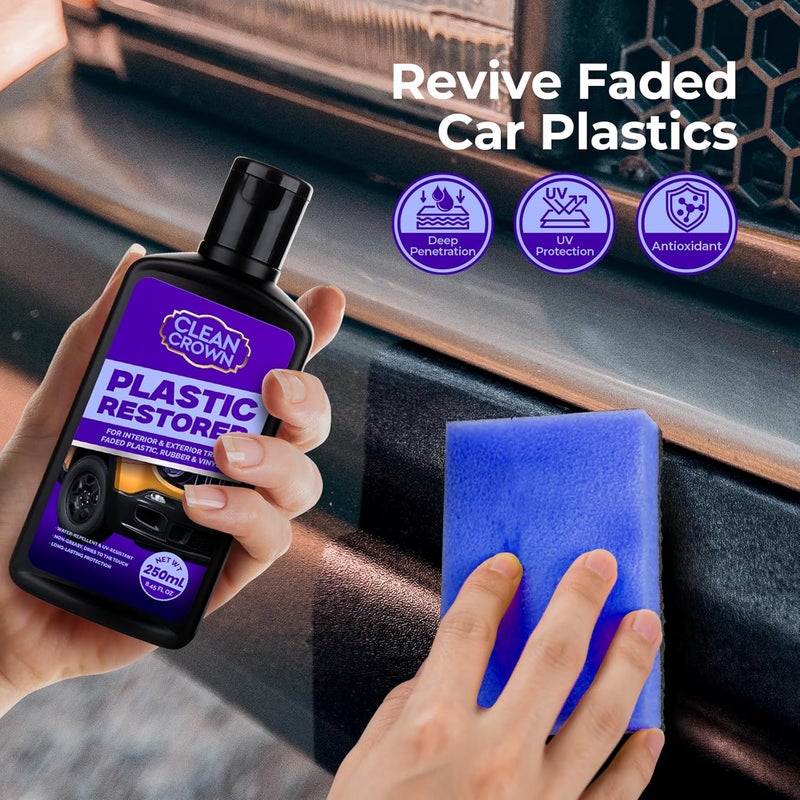 CleanCrown Plastic Restorer for Cars (8.45 fl oz), User Friendly Car Trim Restorer, Quick Plastic Trim Restorer with Free Sponge Applicator, Restores Faded Car Plastics, Bumpers & Against UV Rays - Image 2