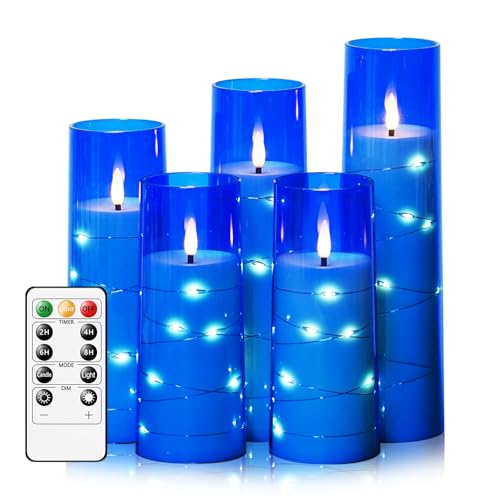 kakoya Flameless LED Candles with Timer 5 Pc Flickering Flameless Candles for Romantic Ambiance and Home Decoration Stable Acrylic Shellwith Embedded Star StringBattery Operated CandlesBlue - Image 1