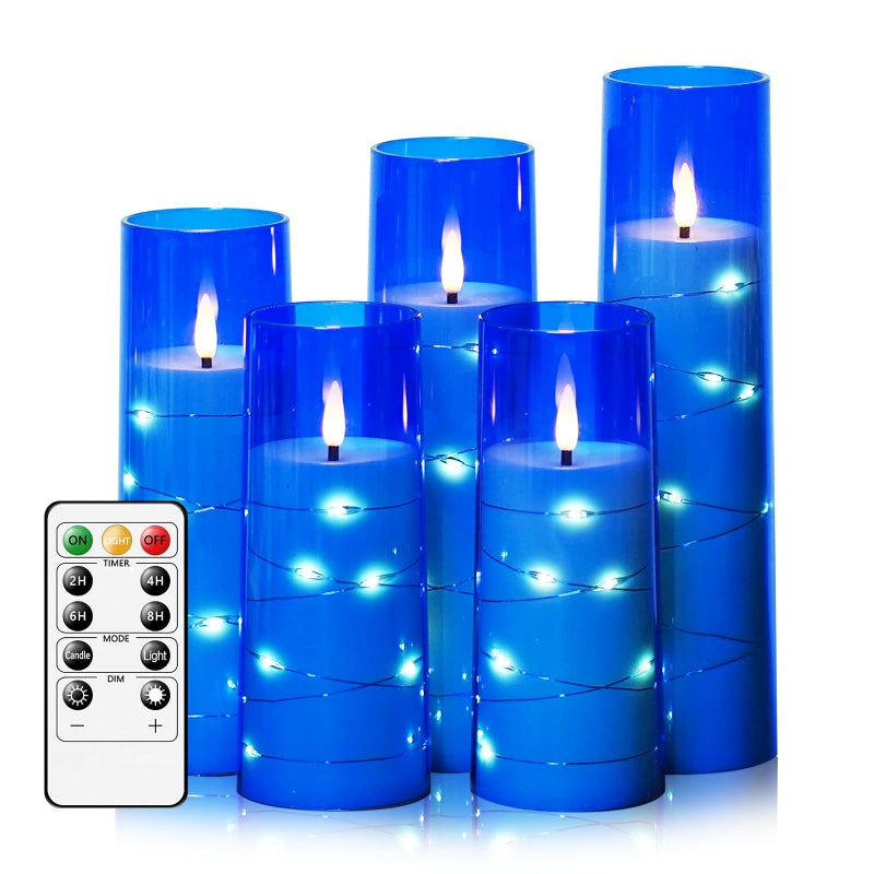 kakoya Flameless LED Candles with Timer 5 Pc Flickering Flameless Candles for Romantic Ambiance and Home Decoration Stable Acrylic Shellwith Embedded Star StringBattery Operated CandlesBlue - Image 2