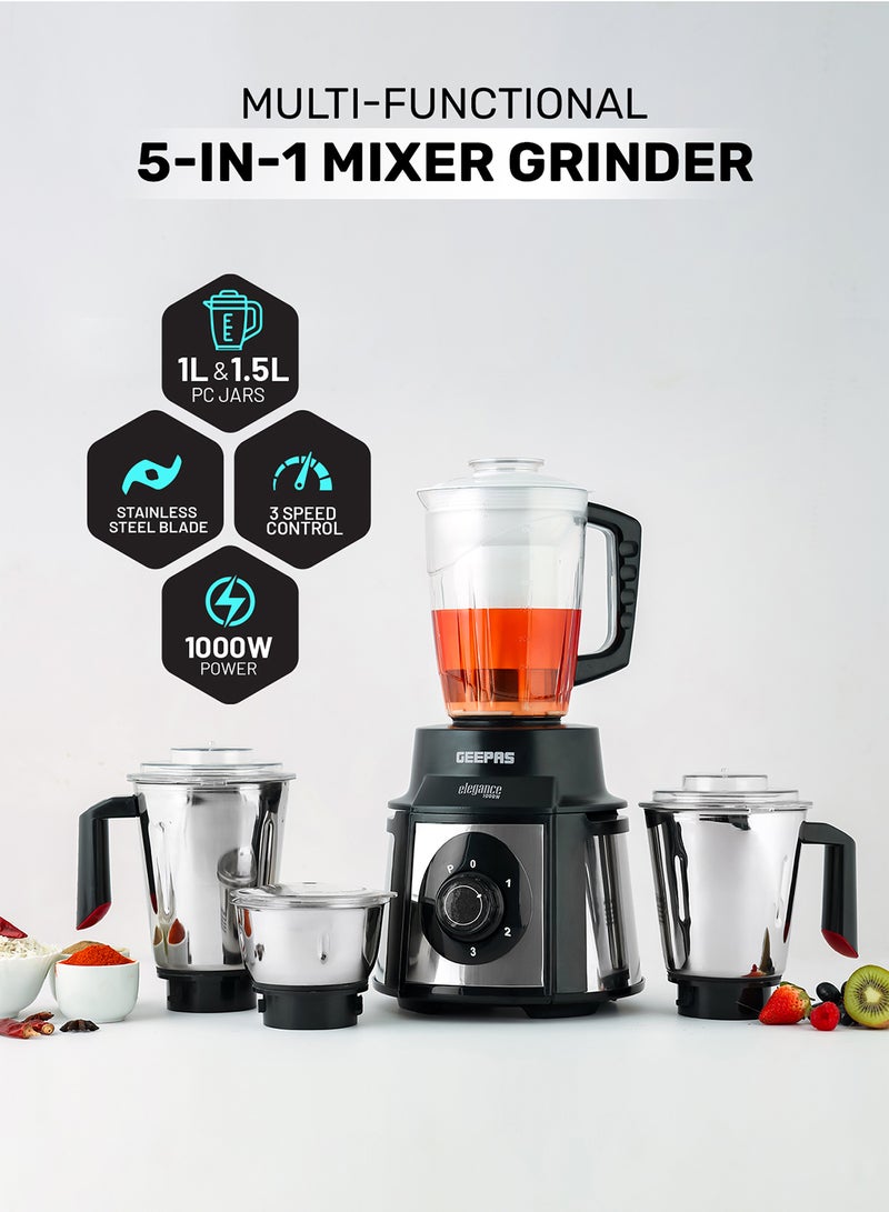 GEEPAS Mixer Grinder with Super Extractor 5-IN-1 Functions Powerful copper motor and Stainless steel jars Harmonic grinding Overload protection 2.1 L 1000 W GSB5457N White/Red - Image 1