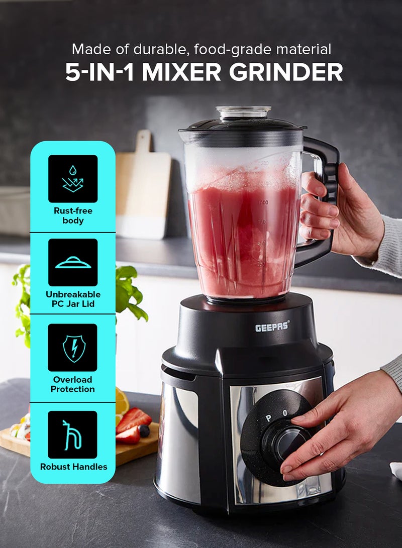 GEEPAS Mixer Grinder with Super Extractor 5-IN-1 Functions Powerful copper motor and Stainless steel jars Harmonic grinding Overload protection 2.1 L 1000 W GSB5457N White/Red - Image 2