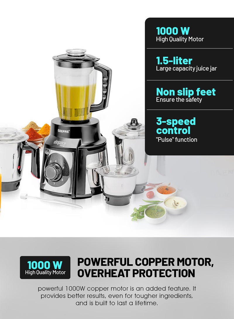 GEEPAS Mixer Grinder with Super Extractor 5-IN-1 Functions Powerful copper motor and Stainless steel jars Harmonic grinding Overload protection 2.1 L 1000 W GSB5457N White/Red - Image 4