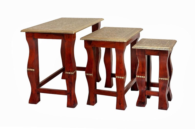 Wooden Palm Wooden Palm Beautiful Handmade Stool Nesting Table for Office Nesting Tables Set of 3Wooden and Brass 3Coffee Home Furniture Outdoor Dcor Brown Golden  - Image 1
