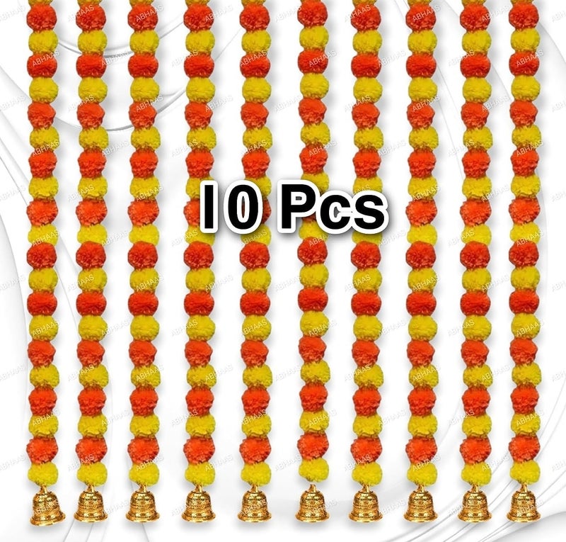 Abhaas 10 Pcs Handmade Artificial Marigold Flowers Garland for Decoration Door Toran Genda Phool for Diwali Wedding/Festivals with Bells (Yellow+Orange Marigold+Bells/ 10Pc), 152 Centimeters - Image 1