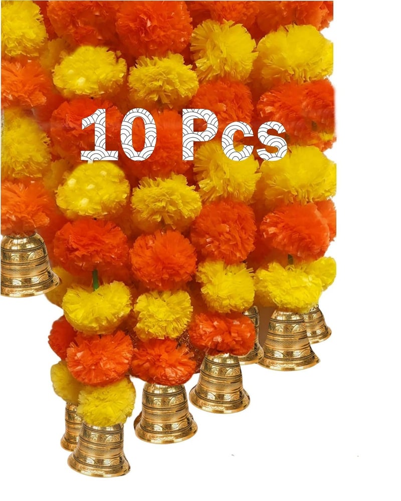 Abhaas 10 Pcs Handmade Artificial Marigold Flowers Garland for Decoration Door Toran Genda Phool for Diwali Wedding/Festivals with Bells (Yellow+Orange Marigold+Bells/ 10Pc), 152 Centimeters - Image 2