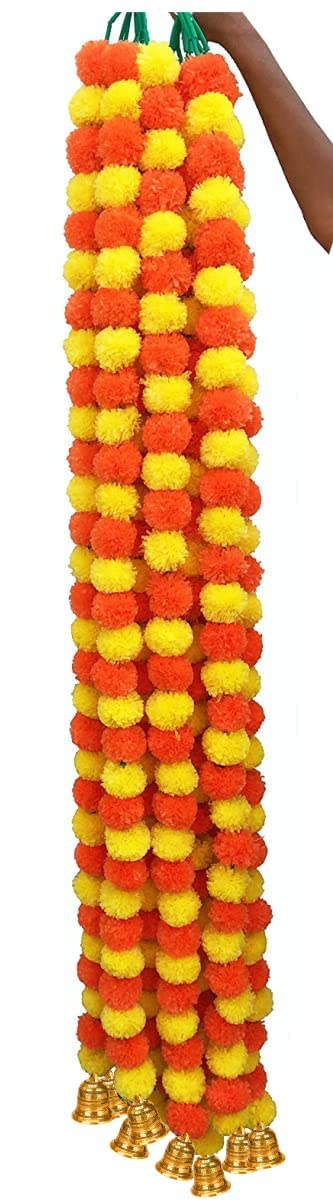 Abhaas 10 Pcs Handmade Artificial Marigold Flowers Garland for Decoration Door Toran Genda Phool for Diwali Wedding/Festivals with Bells (Yellow+Orange Marigold+Bells/ 10Pc), 152 Centimeters - Image 5