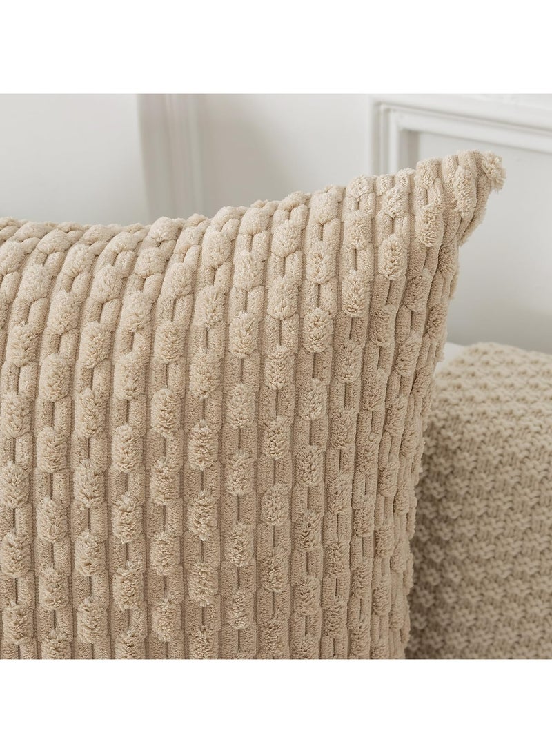 CMGTYYD Set of 2 Textile Pillow Covers Decorative Striped Corduroy Plush Velvet Pillowcases Boho Cushion Cover for Couch 18x18 Inch (Khaki) - Image 2