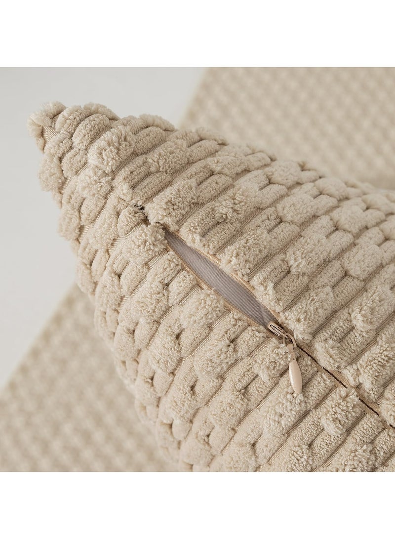 CMGTYYD Set of 2 Textile Pillow Covers Decorative Striped Corduroy Plush Velvet Pillowcases Boho Cushion Cover for Couch 18x18 Inch (Khaki) - Image 3