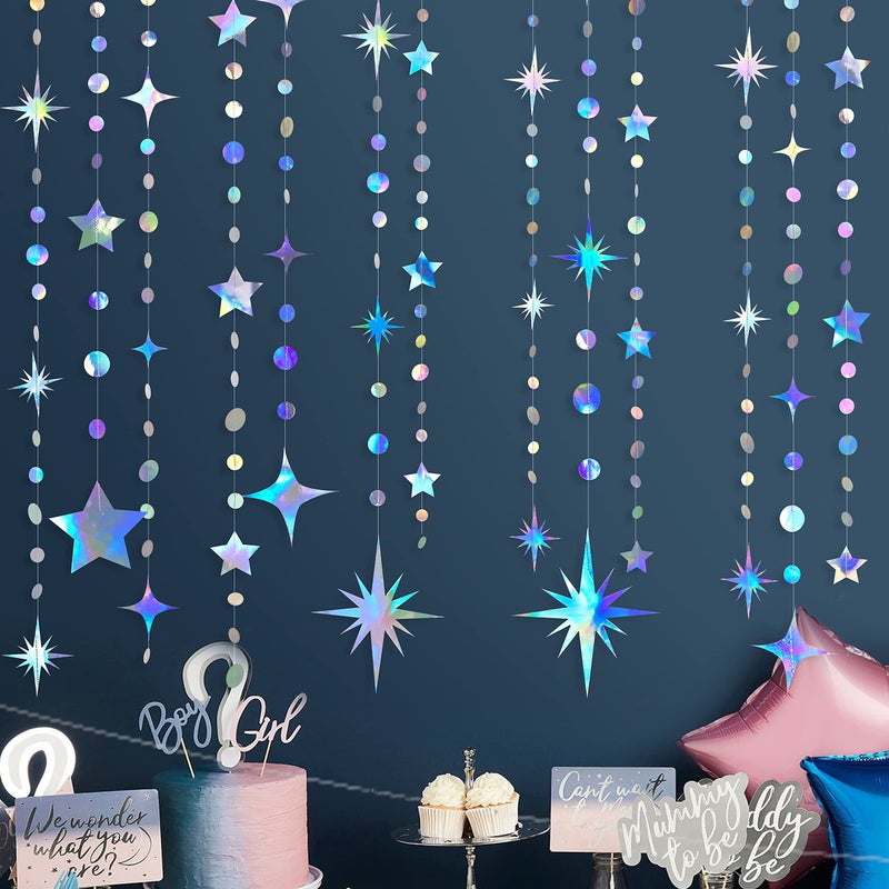 pinkblume Iridescent Party Decorations Star Circle Dot Paper Garland Banner Bunting Streamer Metallic Hanging Twinkle Star Decoration for Kids Birthday Baby Shower Wedding Festival Engagement Sweet 16 Decor - Image 3