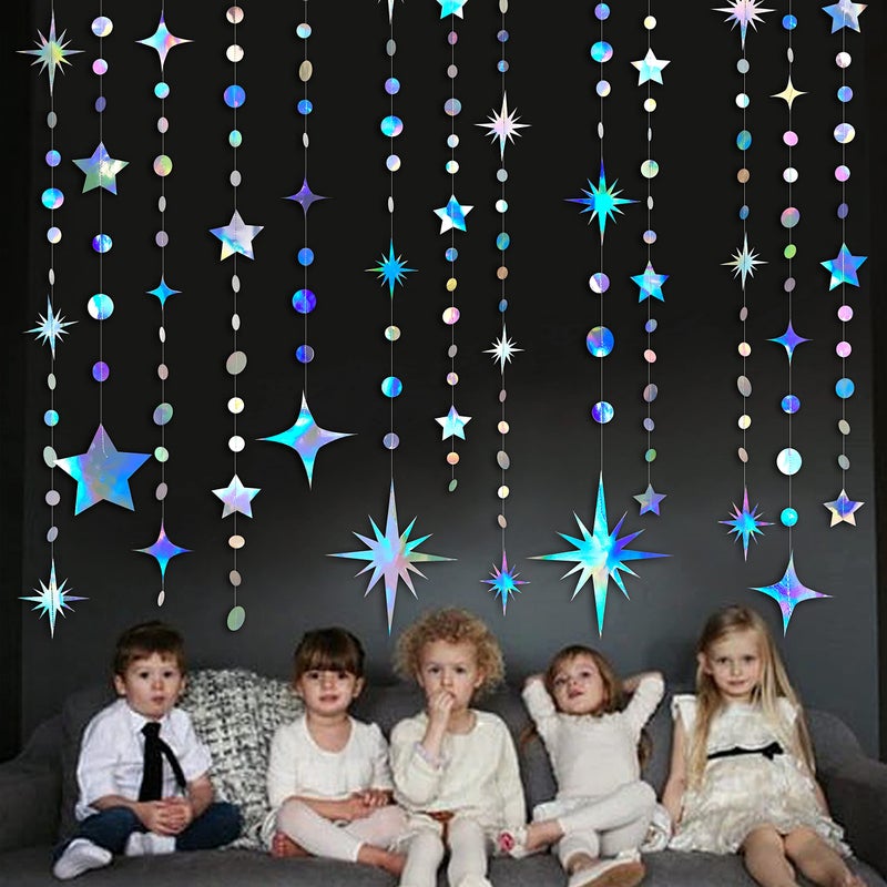 pinkblume Iridescent Party Decorations Star Circle Dot Paper Garland Banner Bunting Streamer Metallic Hanging Twinkle Star Decoration for Kids Birthday Baby Shower Wedding Festival Engagement Sweet 16 Decor - Image 4