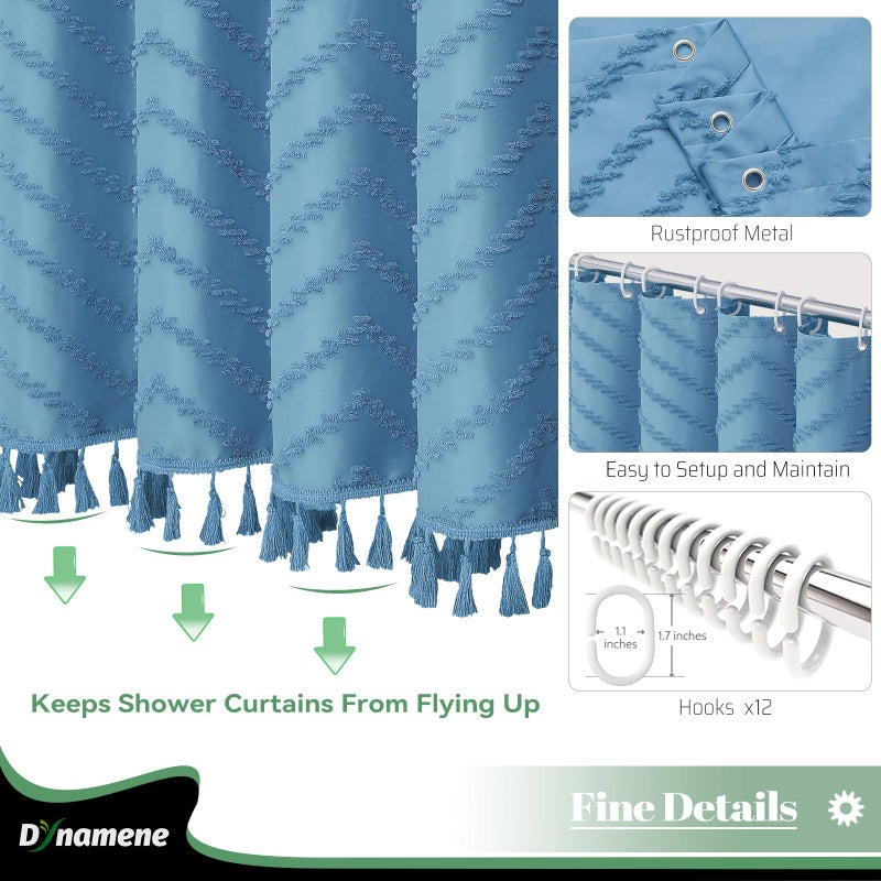 Dynamene Extra Long Shower Curtain  84 Inch Long Boho Tufted Chevron Striped Fabric Shower Curtain for Bathroom  Tall Shabby Chic Waterproof Cloth Shower Curtain Set with Hook  Moonlight Blue  72x84 - Image 3