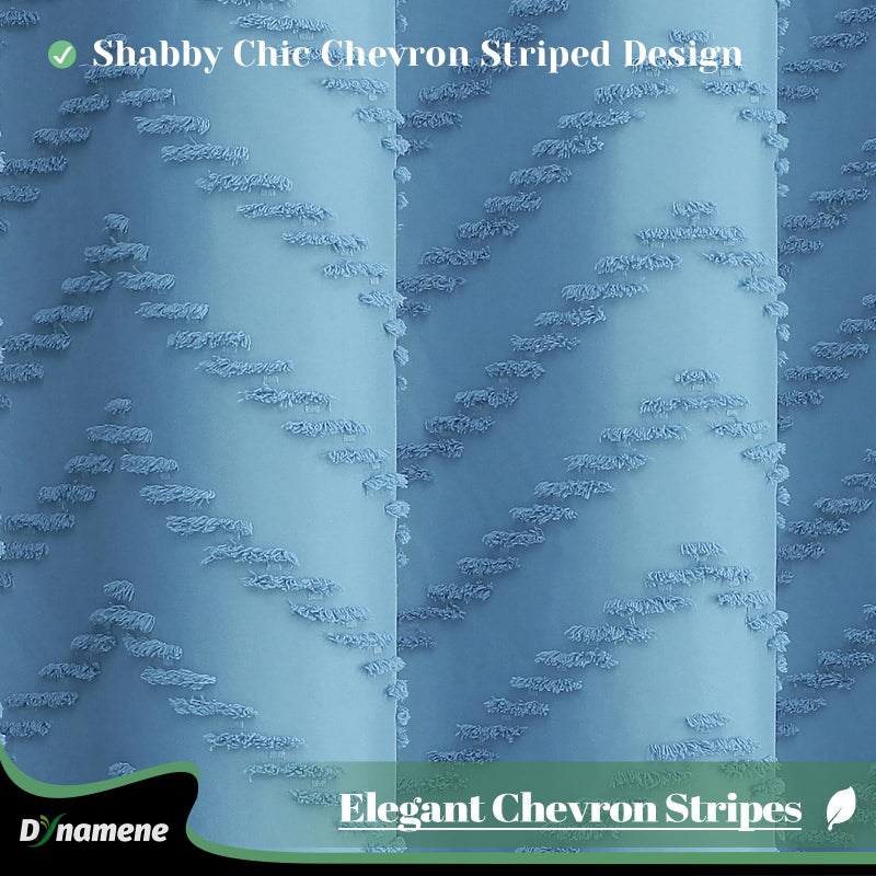 Dynamene Extra Long Shower Curtain  84 Inch Long Boho Tufted Chevron Striped Fabric Shower Curtain for Bathroom  Tall Shabby Chic Waterproof Cloth Shower Curtain Set with Hook  Moonlight Blue  72x84 - Image 1