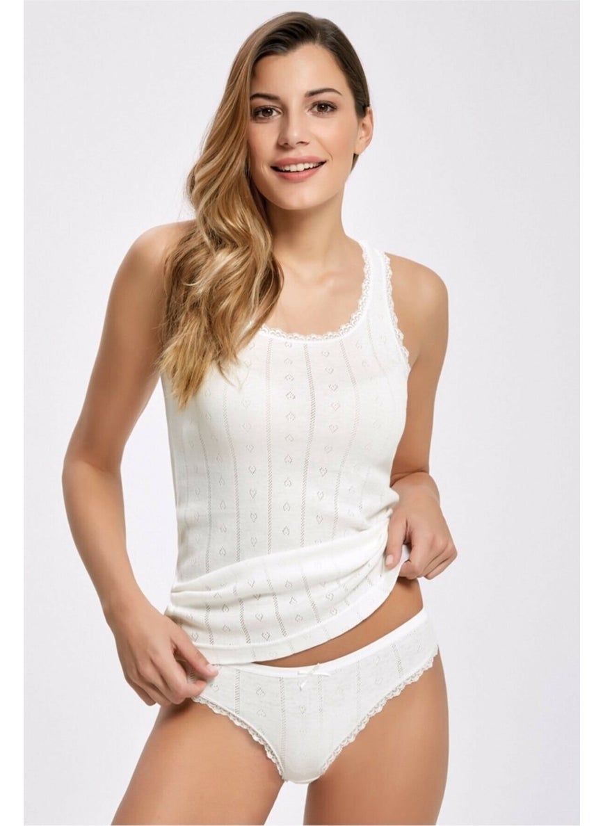İLKE Ilke Women's Thick Strap Heart Patterned Jacquard Undershirt Panties Set-Ecru 