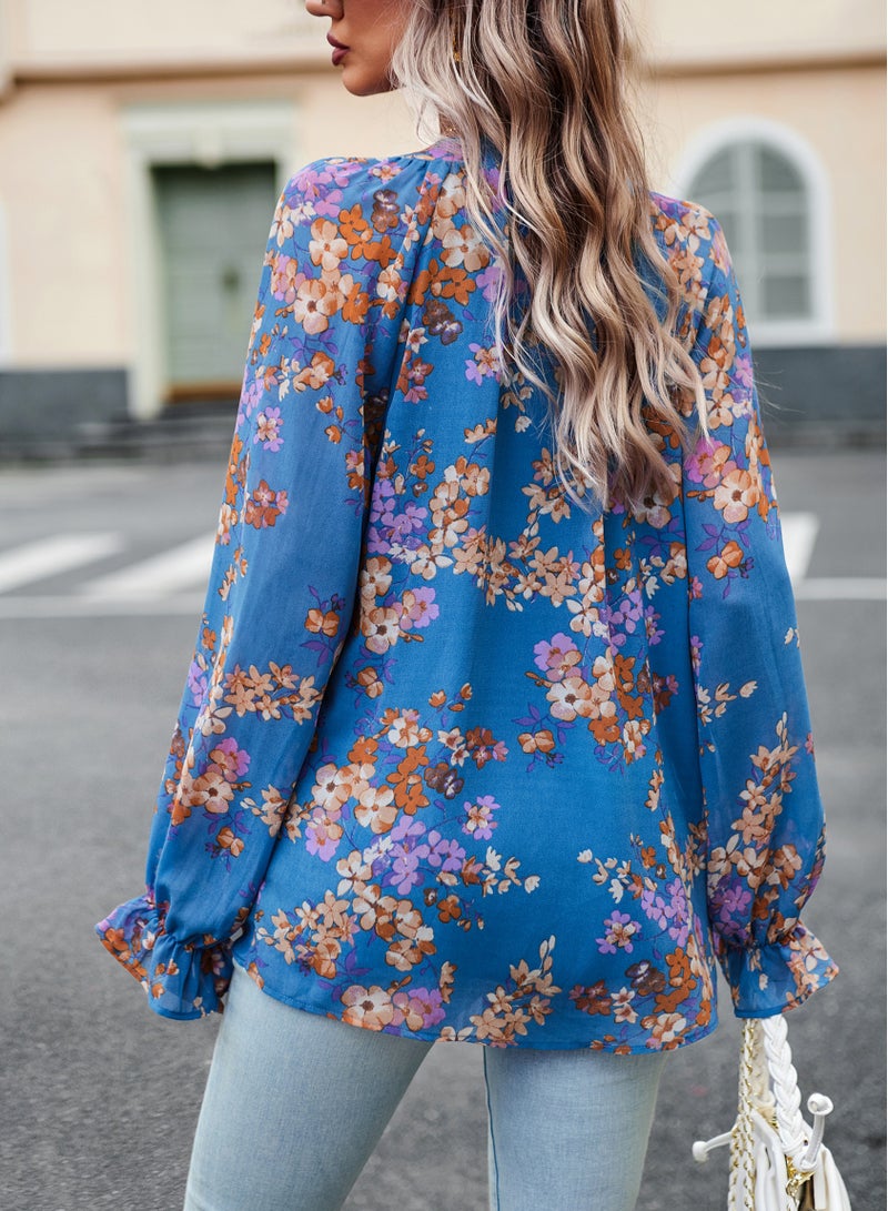 Loquat Squality Long Sleeve Shirt Female Autumn Temperament Elegant Floral Shirt Blue - Image 2