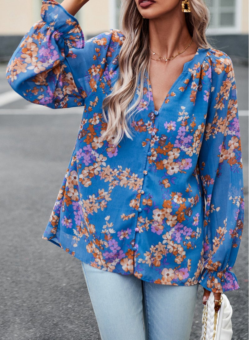 Loquat Squality Long Sleeve Shirt Female Autumn Temperament Elegant Floral Shirt Blue - Image 1